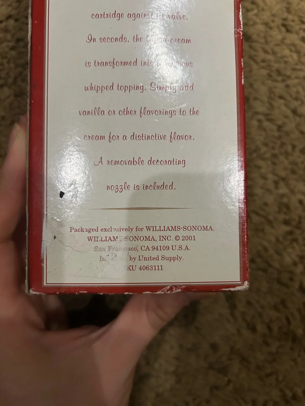 Williams Sonoma Cream Whipper Stainless Steel New in Box 2001